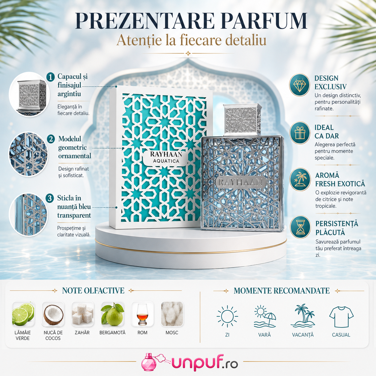Rayhaan Aquatica parfum Arăbesc inspirat de prospețimea tropicală, citrice, cocos și senzație marină